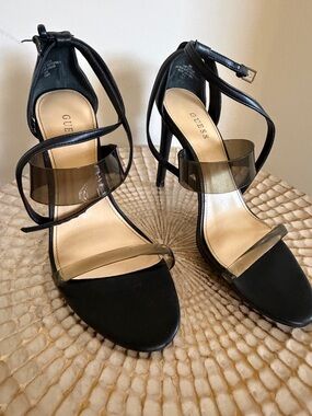 GUESS Black Strappy Heeled Sandals with Smoky Clear Bands